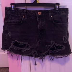 Distressed black jean shorts